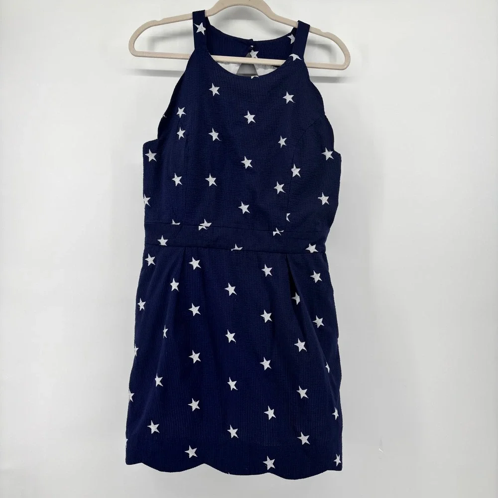 Lauren‎ James Navy Blue Seersucker Star Embroidered Scalloped Mini Dress Halter